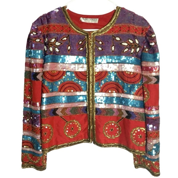 Vintage Night Vogue Red Blue Purple Sequin Shoulder Pad Cropped Jacket Size L - Picture 1 of 6